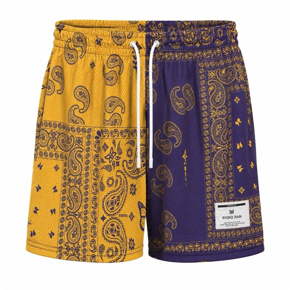 Ryoko Rain Bandana Print Mesh Basketball Shorts Yellow Purple Size AXXL